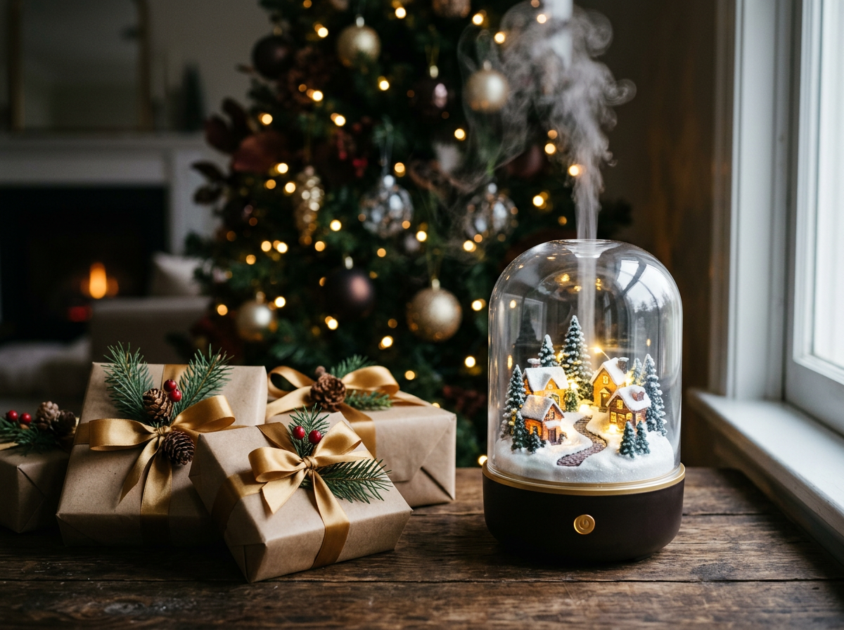Winter Village humidifier glowing beside kraft-paper gifts with gold ribbon and a lit Christmas tree