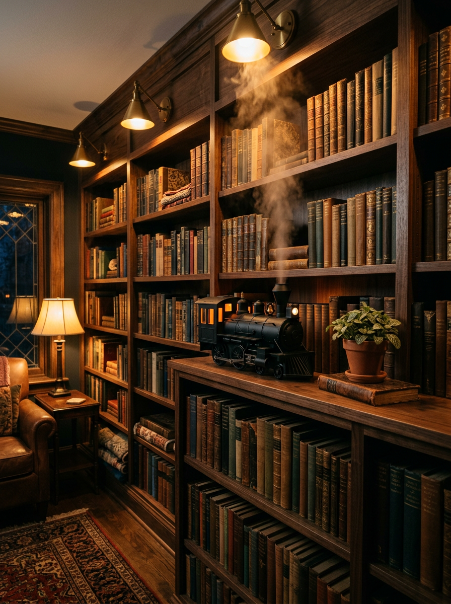 Locomotive steam train humidifier on a walnut bookshelf among hardcover books in a lamp-lit library
