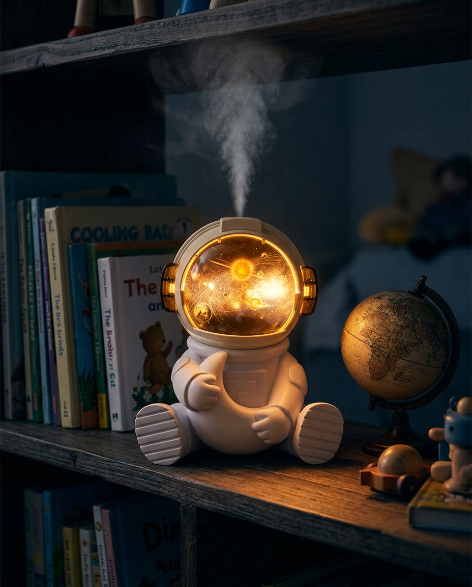 Astronaut humidifier glowing amber on a child's bookshelf among picture books and a small globe