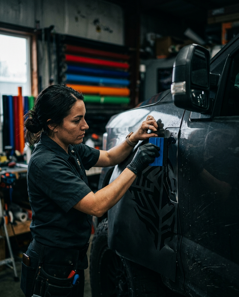 Technician applying a custom vinyl decal to the side of a work truck with a squeegee