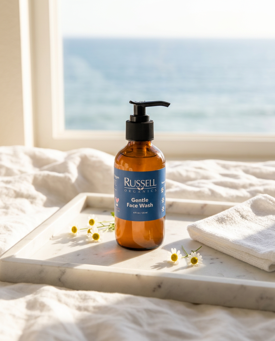 Russell Organics Gentle Face Wash on a white marble tray with white linen, chamomile and a folded cotton cloth, the ocean beyond