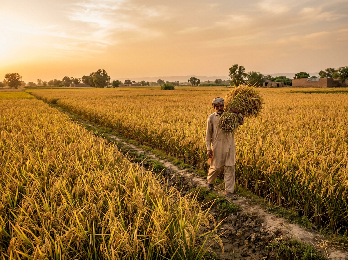 Farmer carrying harvested rice stalks through a golden paddy field in Punjab