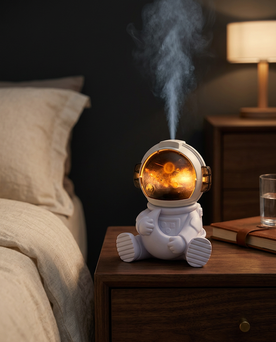 Moonlight Voyager astronaut humidifier glowing amber on a walnut nightstand, mist rising from its helmet beside soft linen bedding
