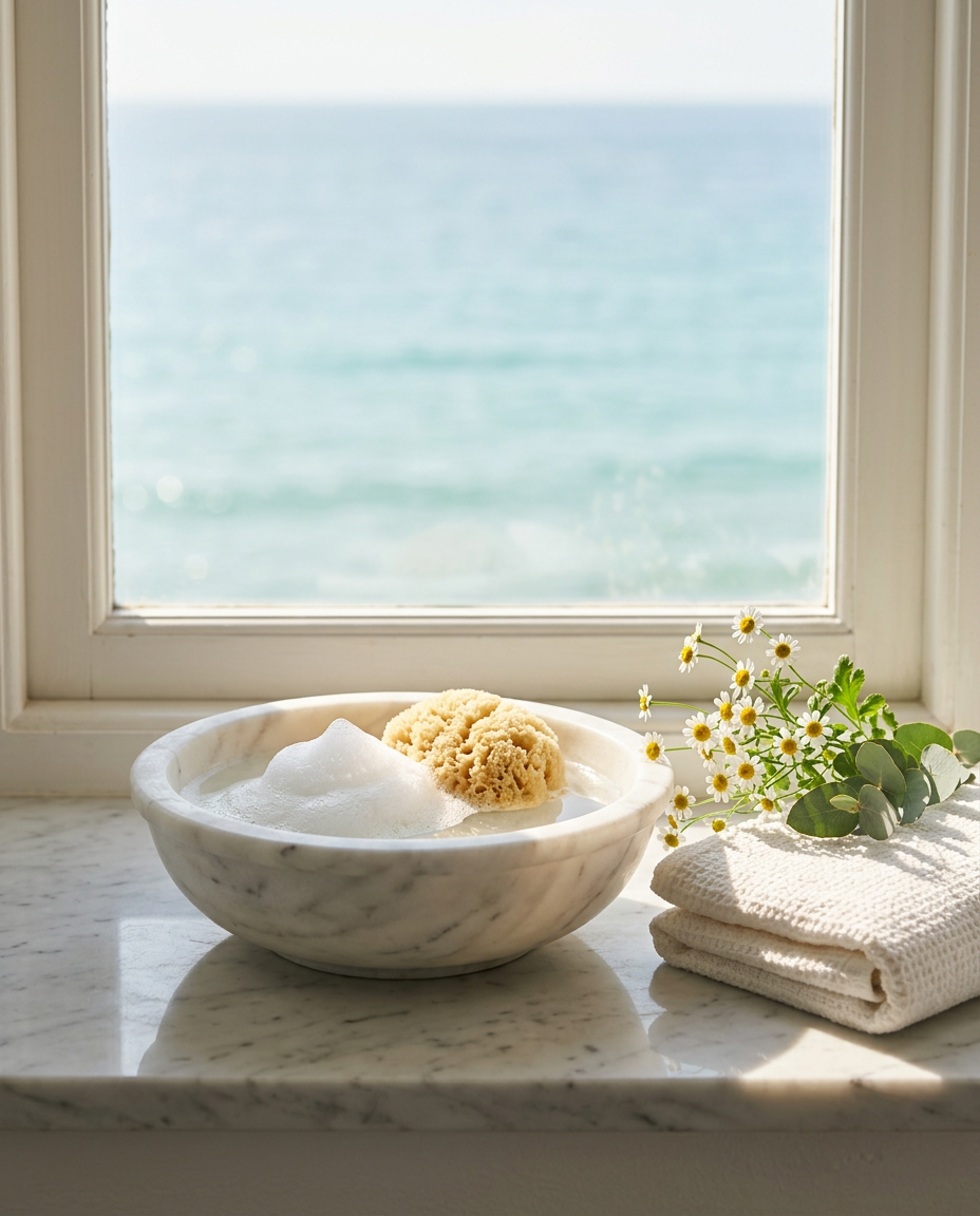 Marble basin with cleansing foam, a sea sponge and folded white linen by the ocean