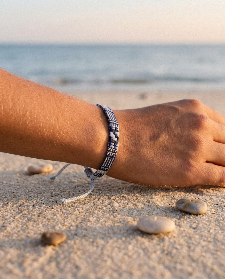 Blue and white woven surfer bracelet on a wrist resting on sand