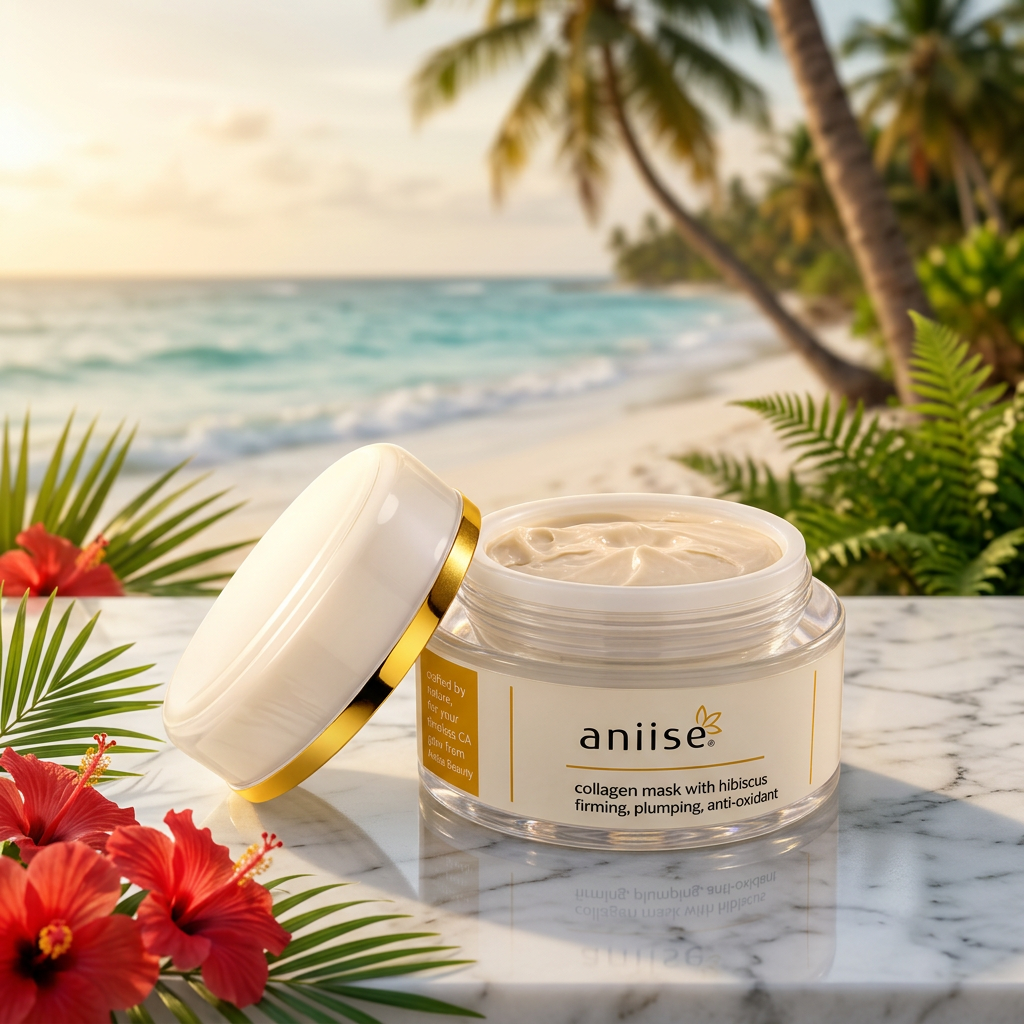aniise Collagen Mask with Hibiscus jar, lid off, on white marble by the beach with red hibiscus and palm fronds