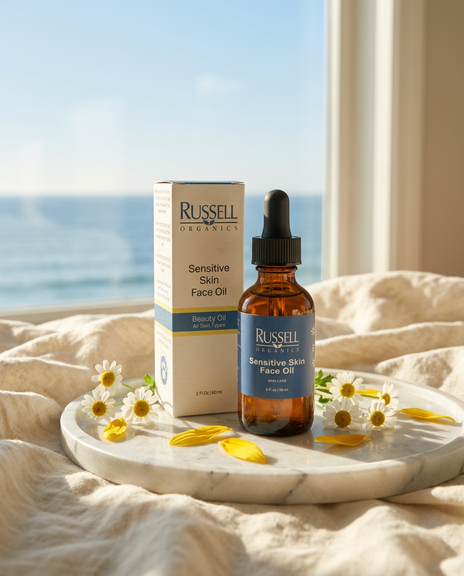 Russell Organics Sensitive Skin Face Oil on a white marble tray with chamomile and sunflower petals, the ocean beyond
