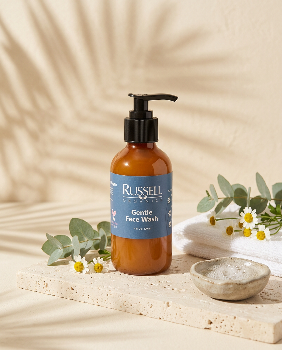 Russell Organics Gentle Face Wash pump bottle on travertine stone with a white towel, chamomile flowers and eucalyptus in warm sunlight
