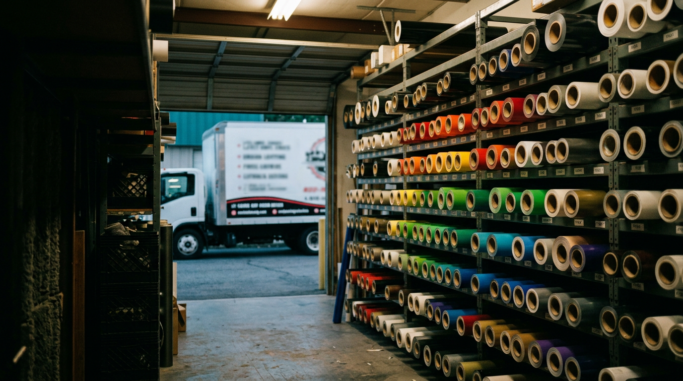 Floor-to-ceiling racks of colored vinyl rolls with a lettered box truck parked outside the open bay door