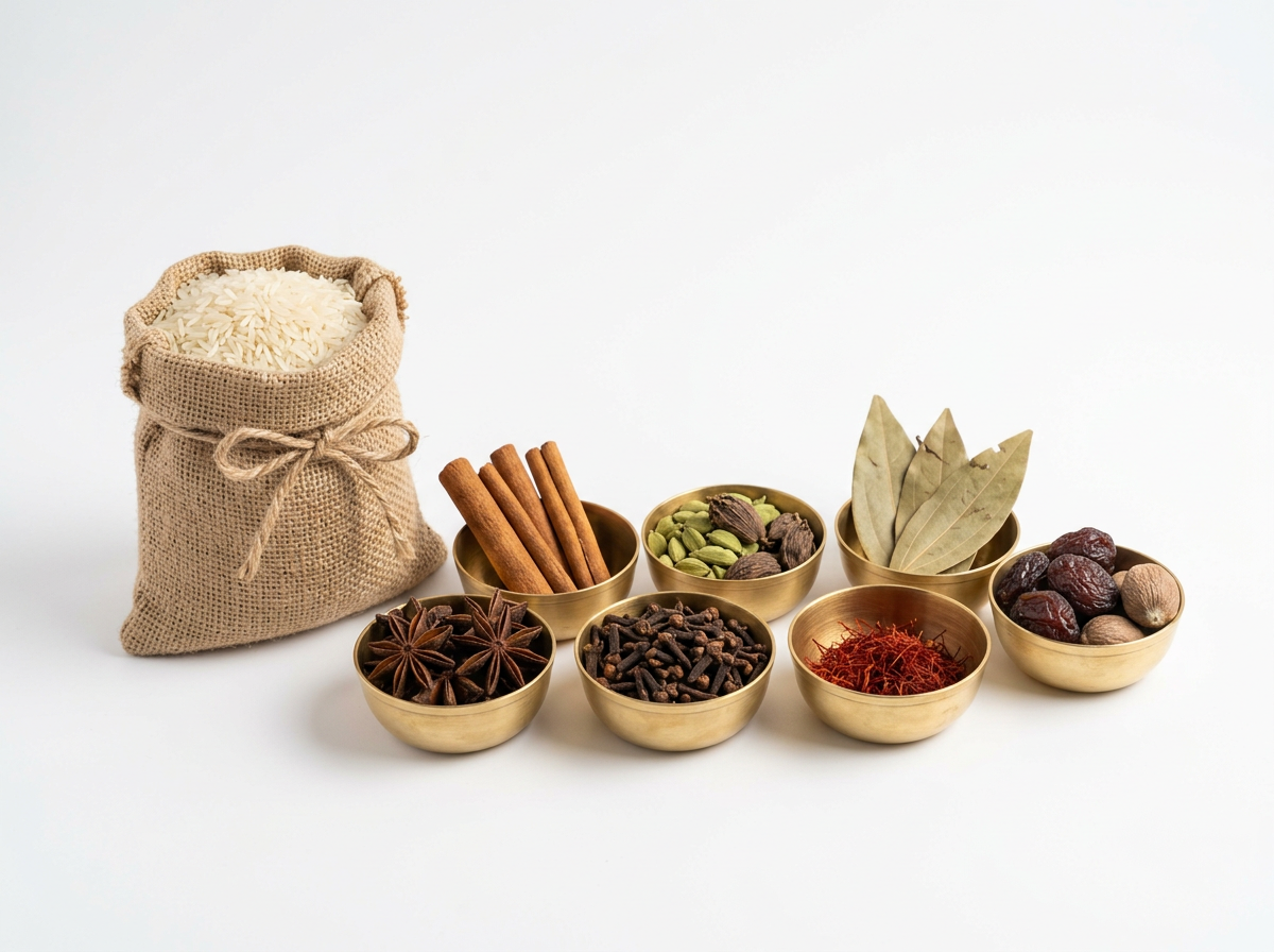 Basmati rice with whole biryani spices in brass bowls