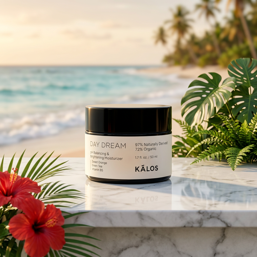 Day Dream | pH Balancing & Brightening Moisturizer by Kálos, styled on stone and linen in a sunlit seaside spa