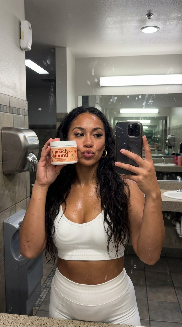 Gym bathroom selfie in a white set holding Peach Mami