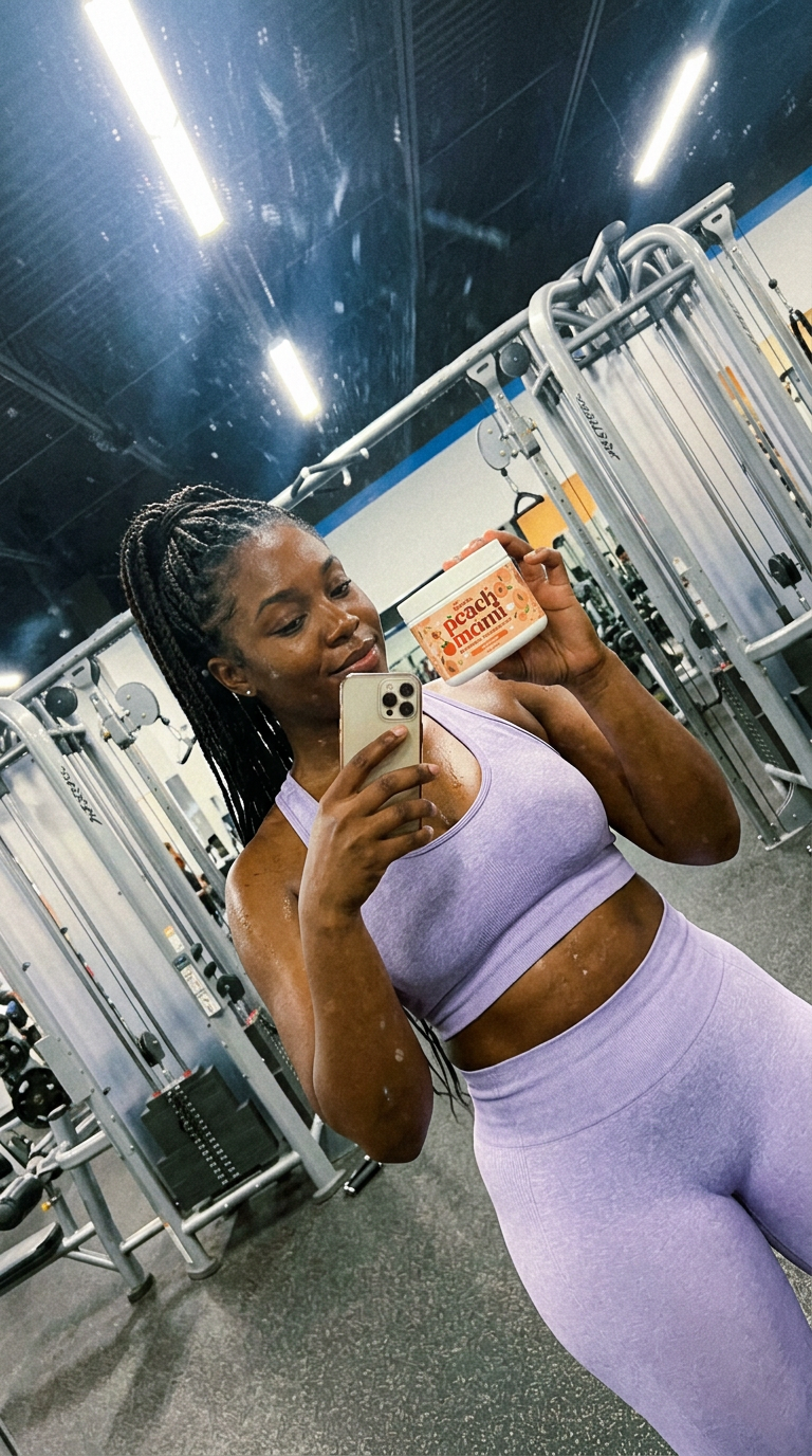 Gym mirror selfie in a lilac set with box braids, holding Peach Mami