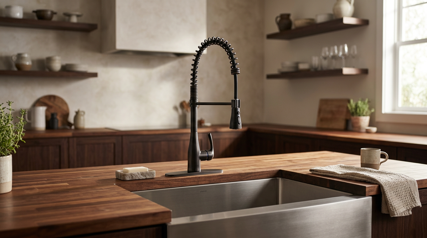 Oil-rubbed bronze kitchen faucet over a farmhouse sink