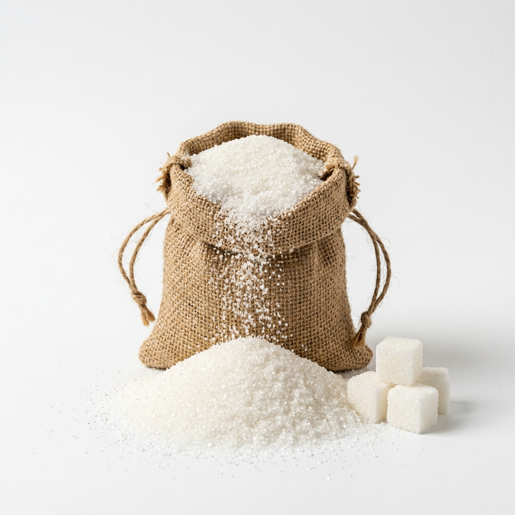 Jute sack of white granulated sugar with sugar cubes