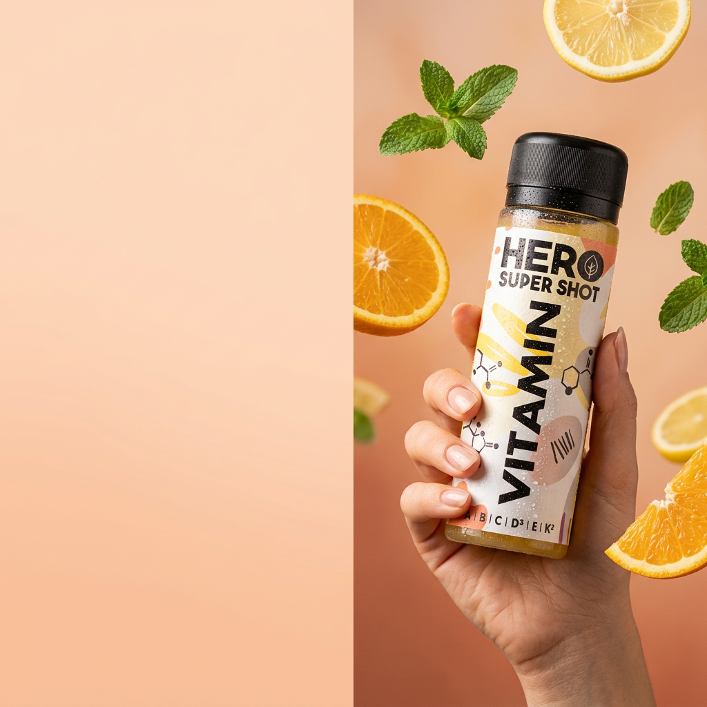 Ruka drží vychlazený shot HERO Super Shot VITAMIN mezi plátky pomeranče a mátou