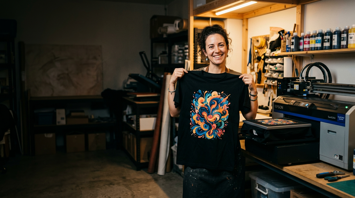 Smiling print shop owner holding up a freshly DTG-printed black t-shirt