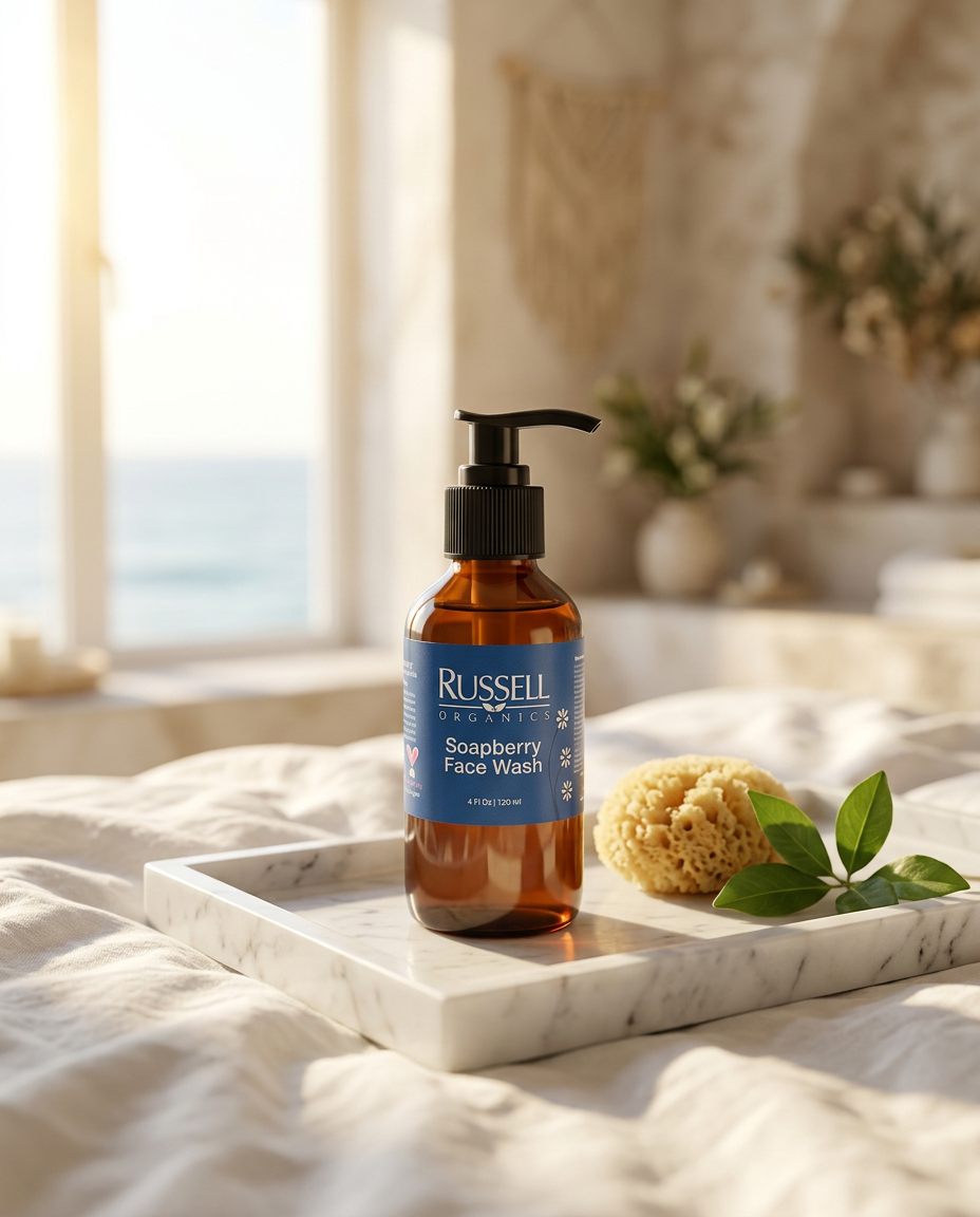 Russell Organics Soapberry Face Wash on a white marble tray with a natural sea sponge and green leaves, the ocean beyond