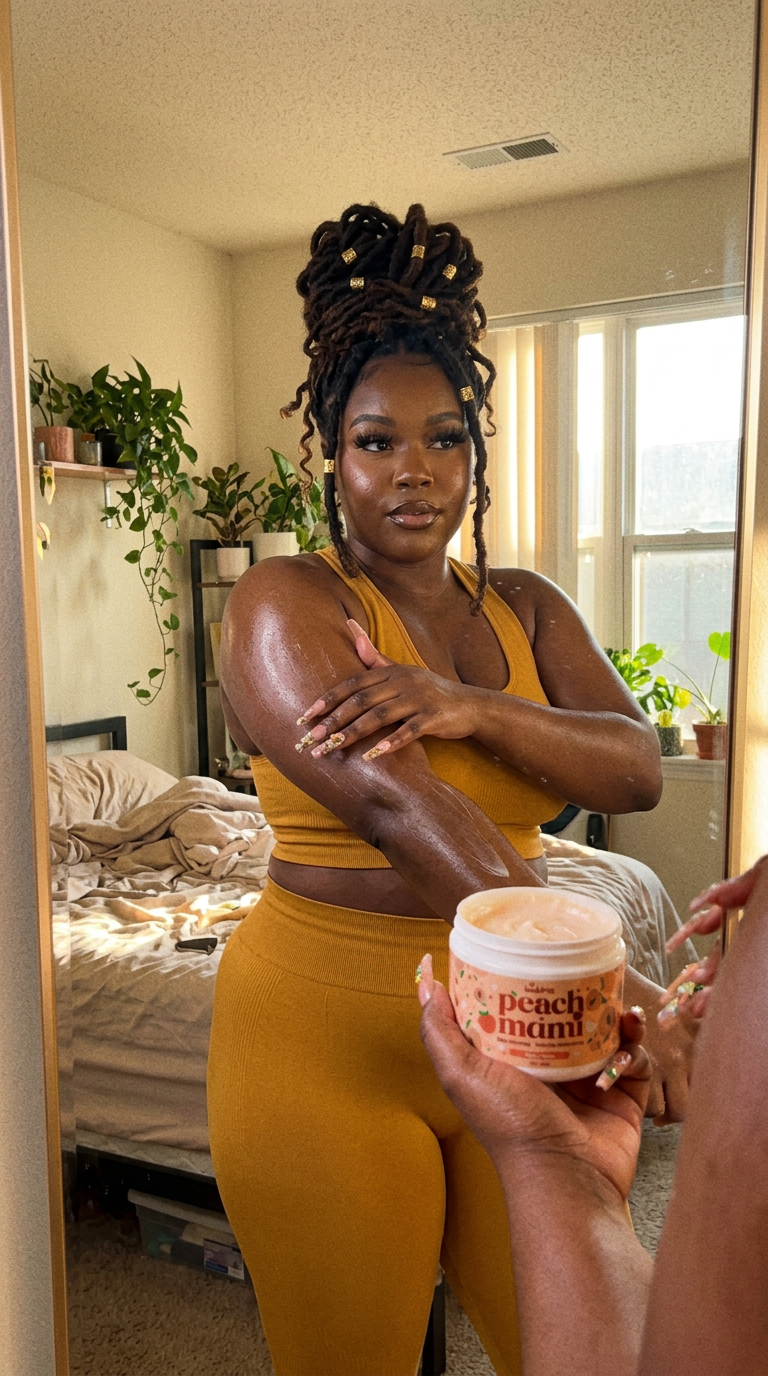 Rubbing Peach Mami into her arm in a mustard gym set