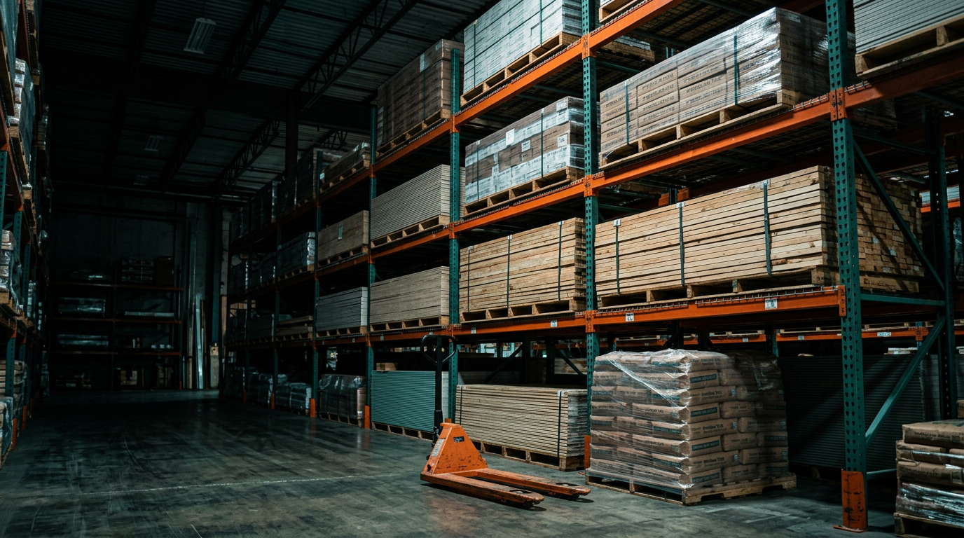 Warehouse pallet racking loaded with bulk pallets of boxed tile, strapped lumber, plywood and bagged mortar