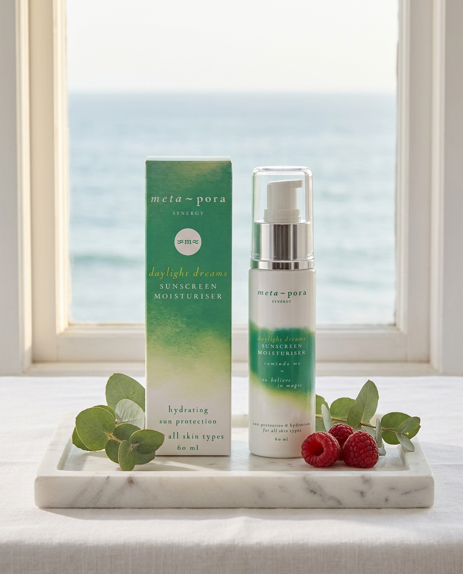 Metapora Daylight Dreams Sunscreen Moisturiser bottle and carton on a marble tray with eucalyptus and raspberries, the ocean beyond