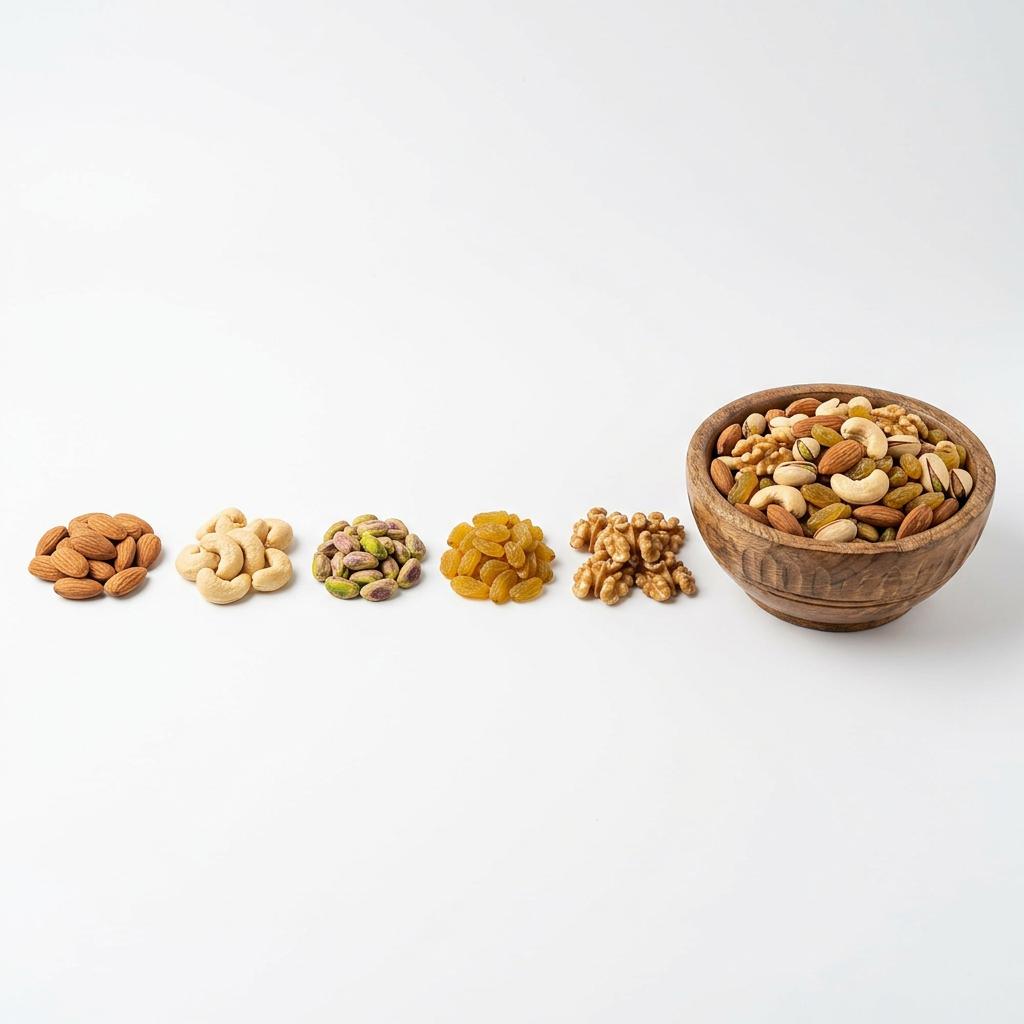 Heaps of almonds, cashews, pistachios, raisins and walnuts