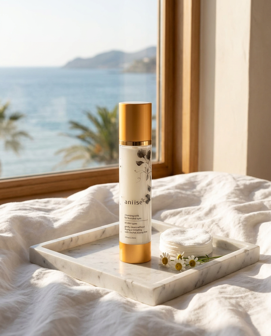 aniise Cleansing Milk for Face and Eyes on a white marble tray with cotton rounds and chamomile, the ocean beyond