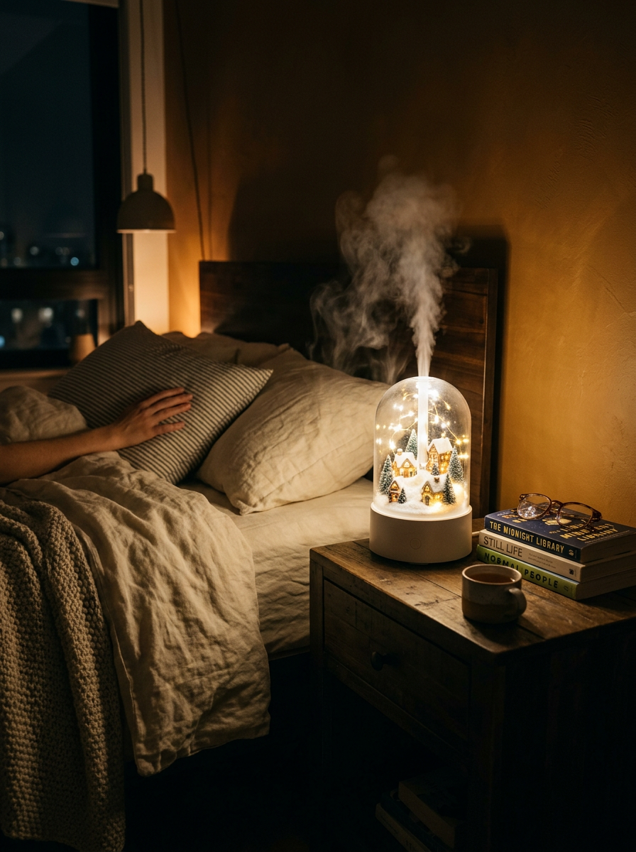 Winter Village humidifier glowing warm gold on a bedside nightstand next to cream linen sheets