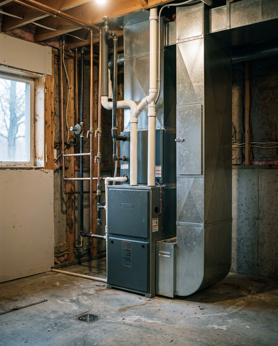 High-efficiency gas furnace with ductwork and copper piping in a basement utility room