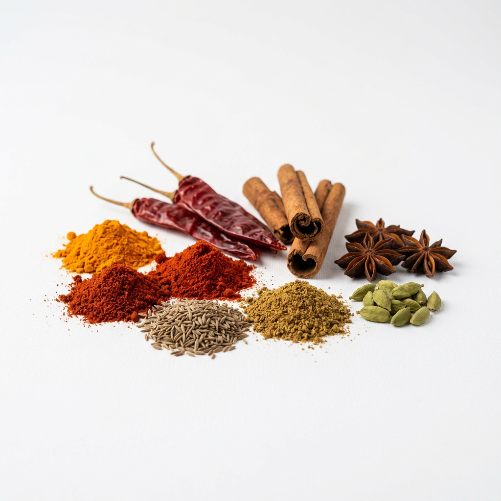 Heaps of red chilli, turmeric and cumin with whole spices