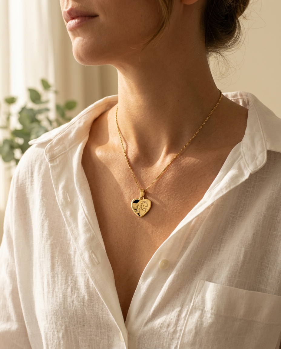 Vrouw draagt een gouden hartketting met gegraveerde lijntekening