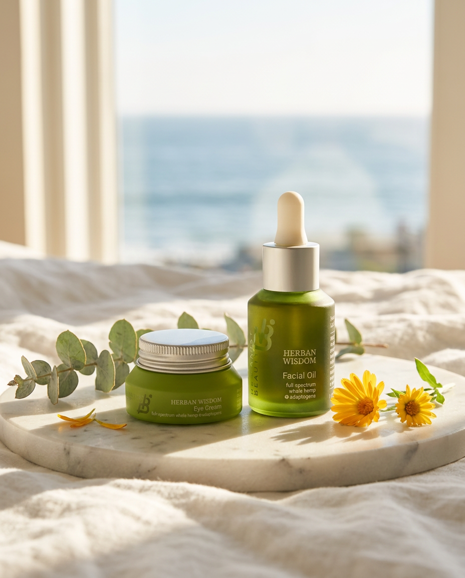 Humanist Beauty Herban Wisdom Eye Cream and Facial Oil on a round marble tray with calendula and eucalyptus, the ocean beyond
