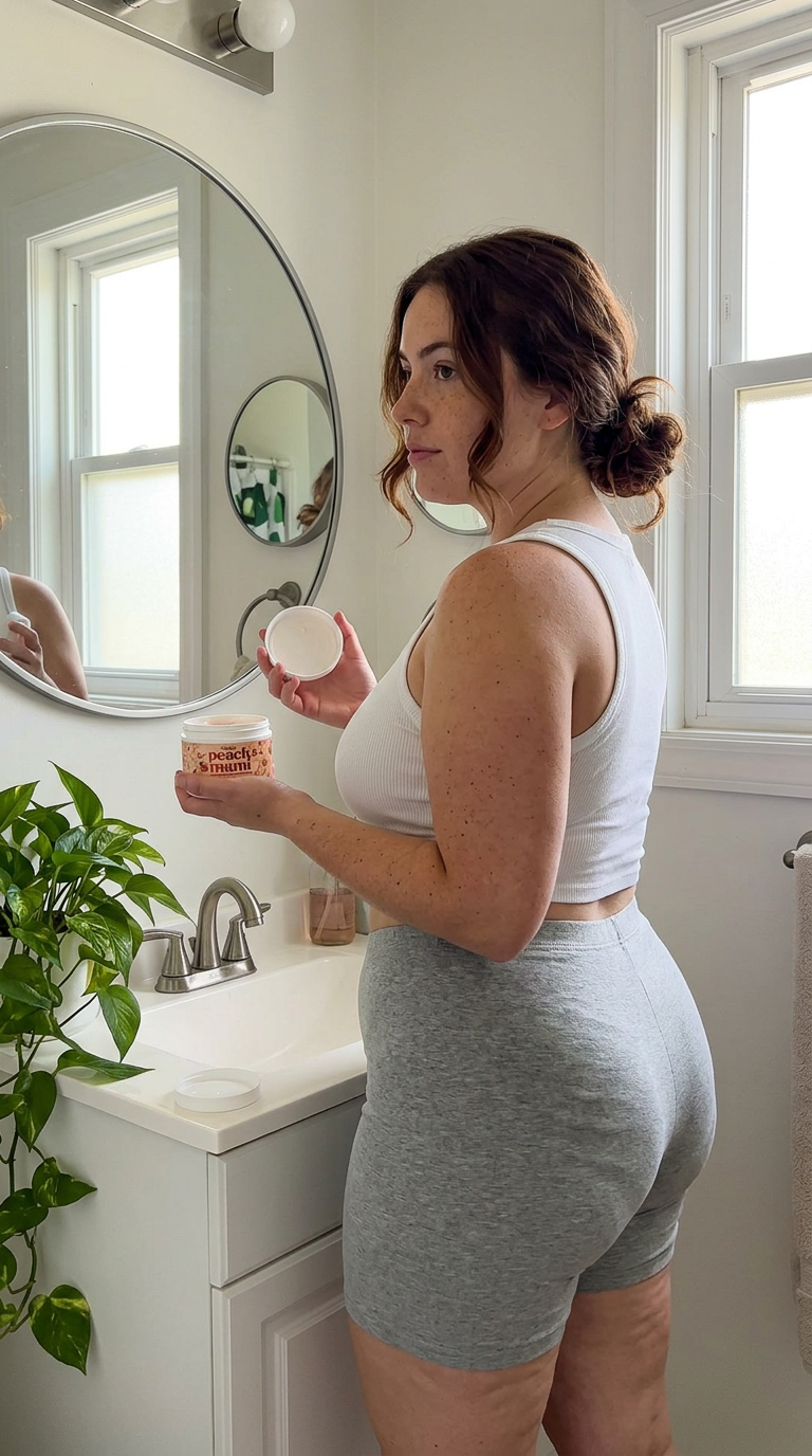 Day 1: showing the back of her thighs while holding Peach Mami