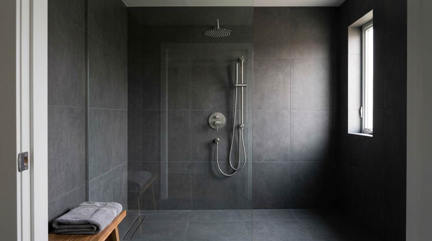 Brushed stainless rain shower system with handheld spray in a charcoal-tiled walk-in shower