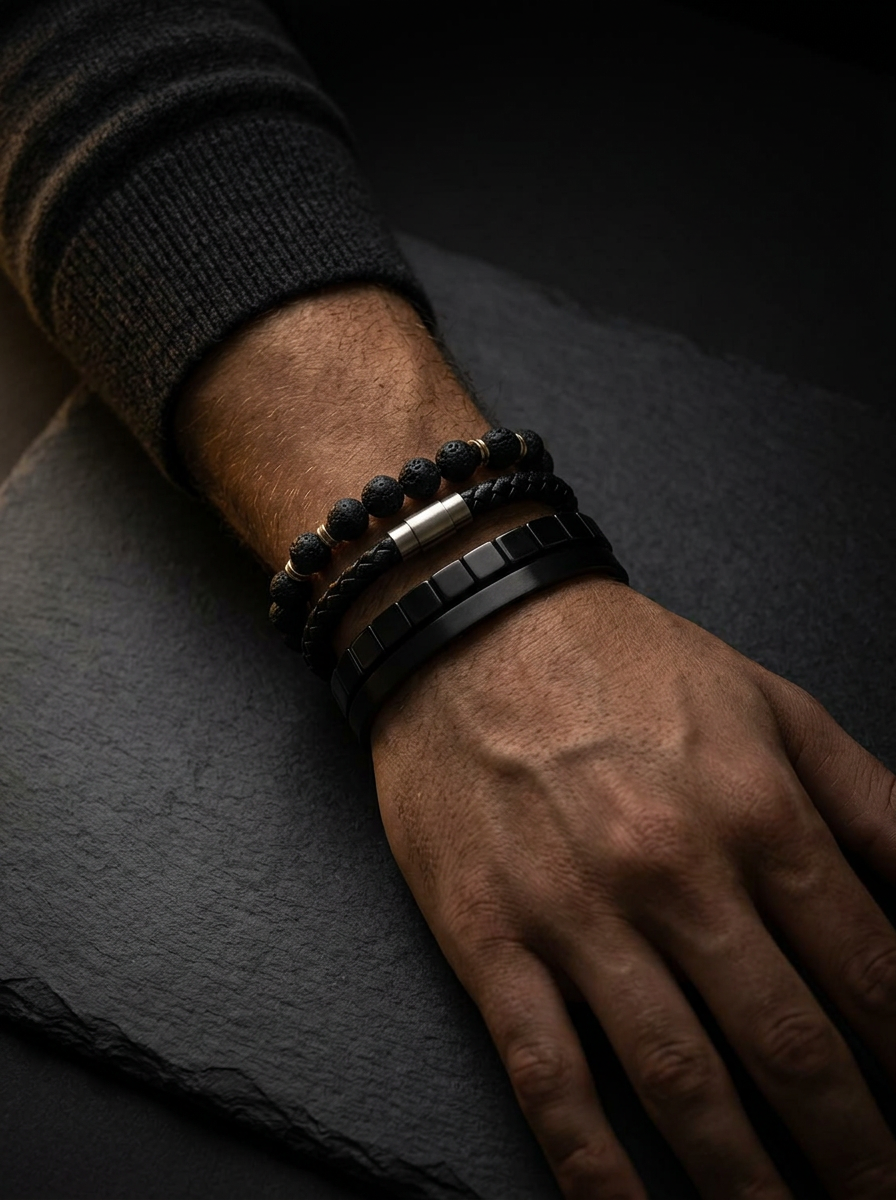 Man's arm resting on dark slate wearing a stack of Avarni lava stone, braided leather, link and black cuff bracelets