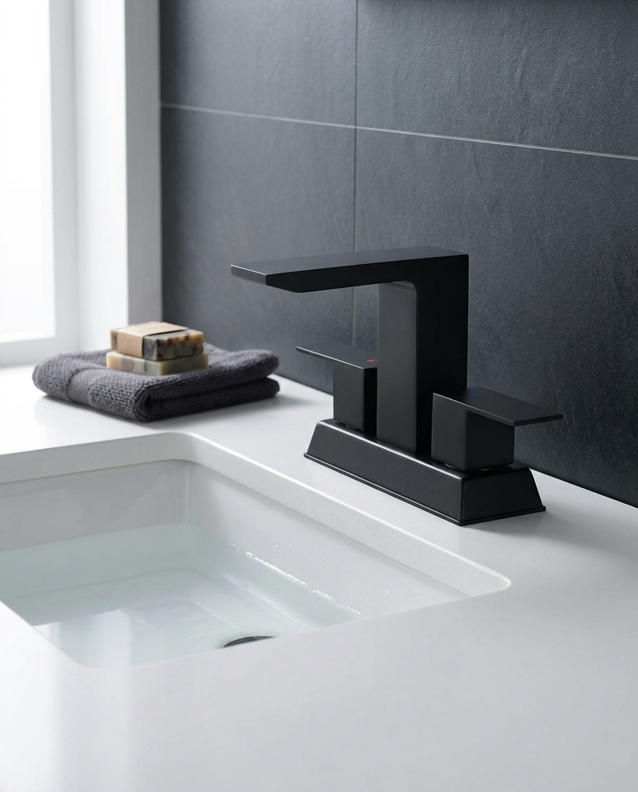 Matte black bathroom faucet on a white quartz vanity