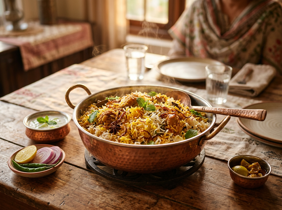 Steaming biryani with long basmati grains in a copper handi