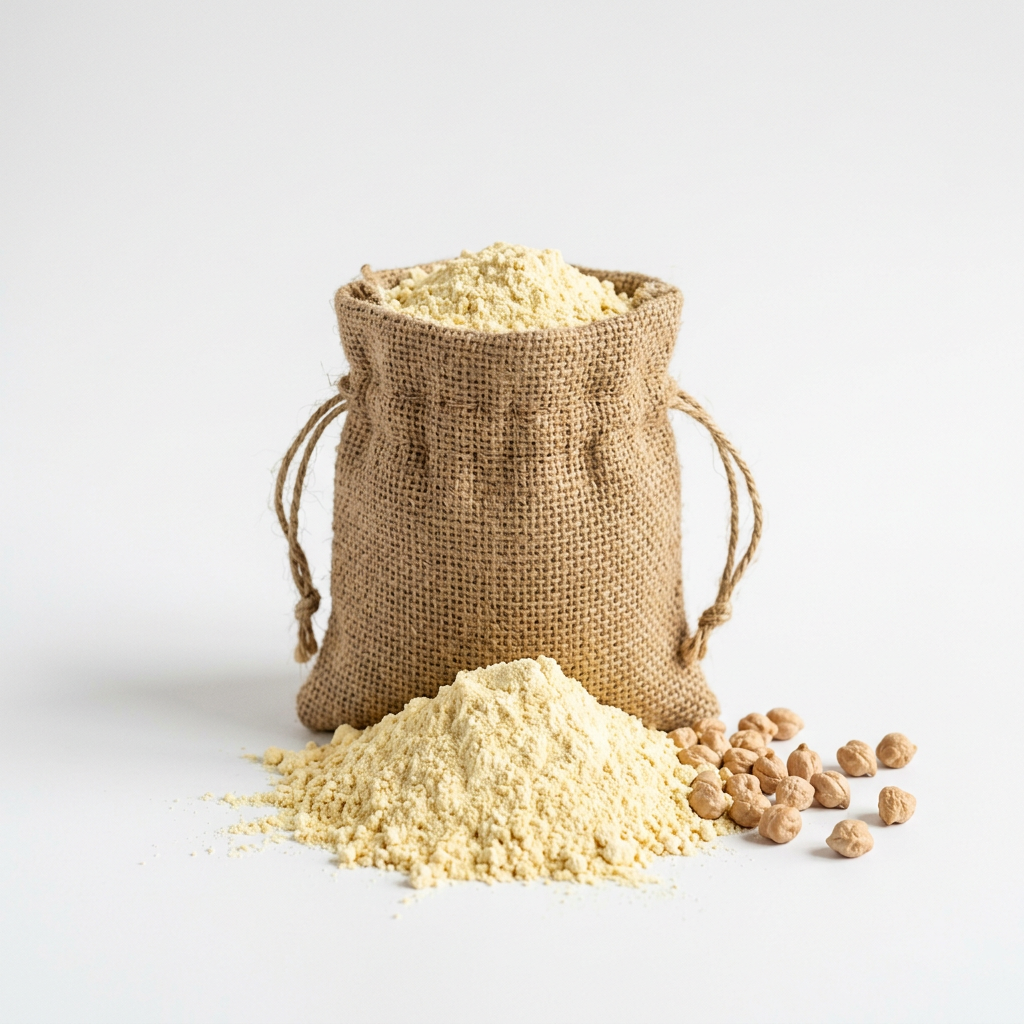 Jute sack of fine gram flour with whole chickpeas