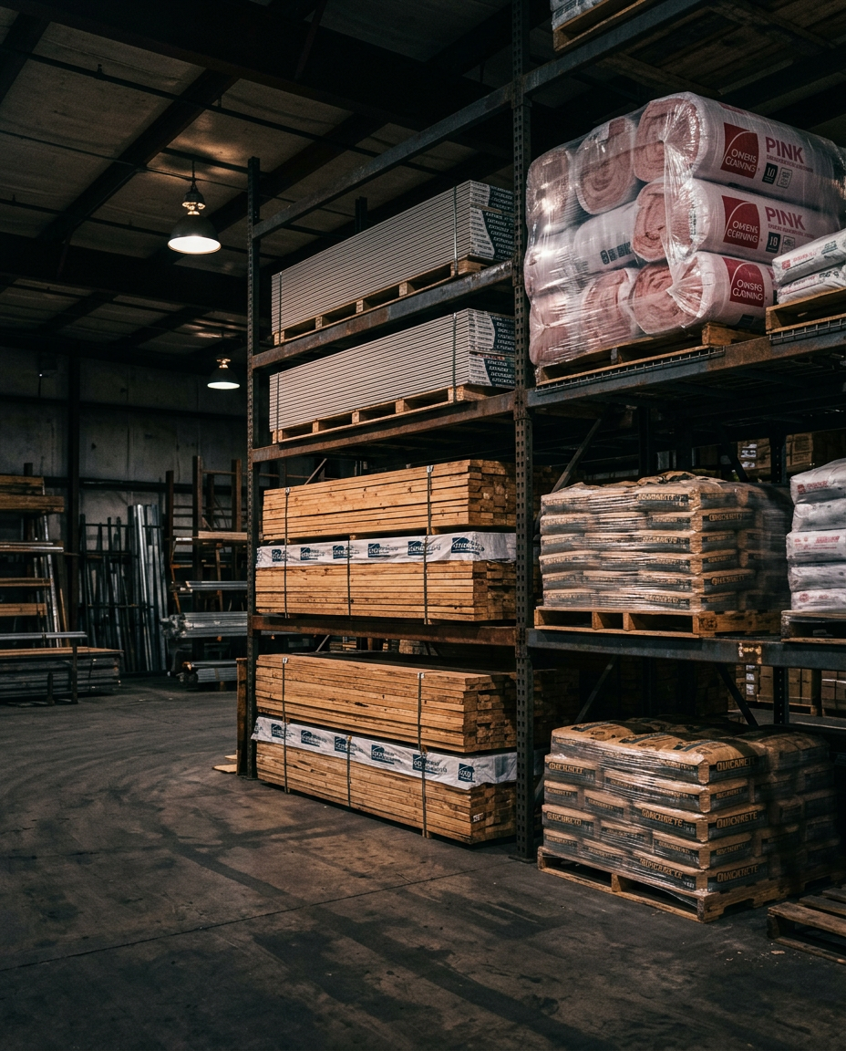 Bundled lumber, drywall sheets and bags of concrete mix stacked on warehouse pallet racking