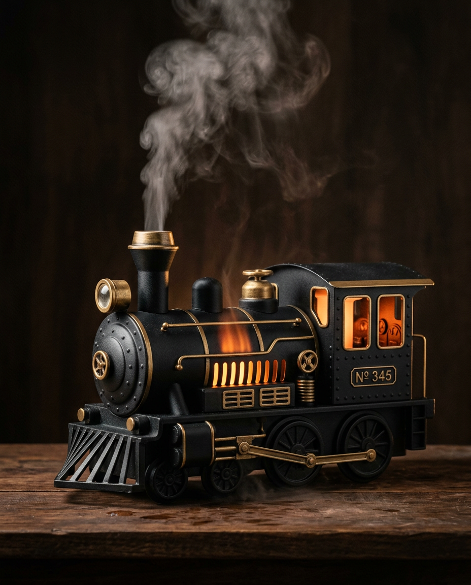 Black vintage steam train humidifier with mist rising from the smokestack and amber glow along the boiler