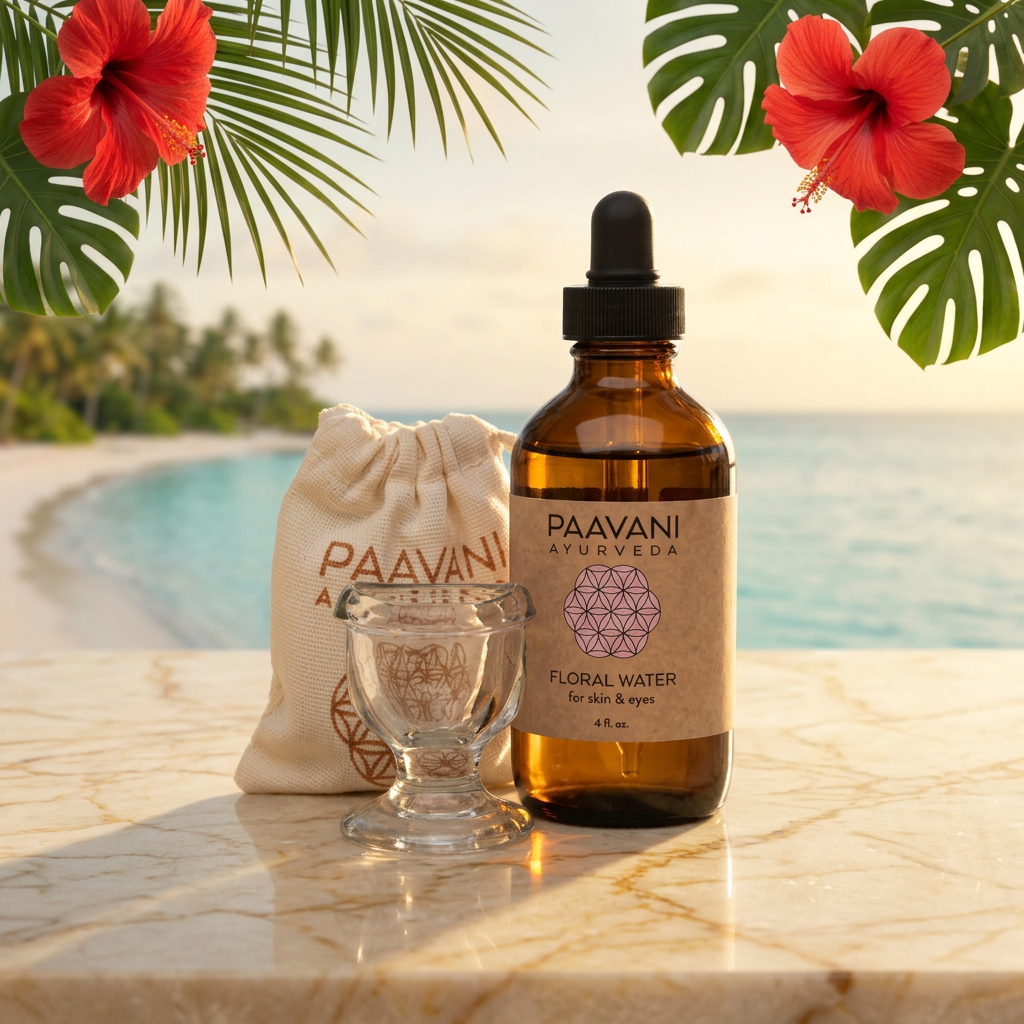 Eye Wash Ritual | Ayurvedic Eye Cleansing for Soothing & Hydrating by PAAVANI Ayurveda, styled on stone and linen in a sunlit seaside spa