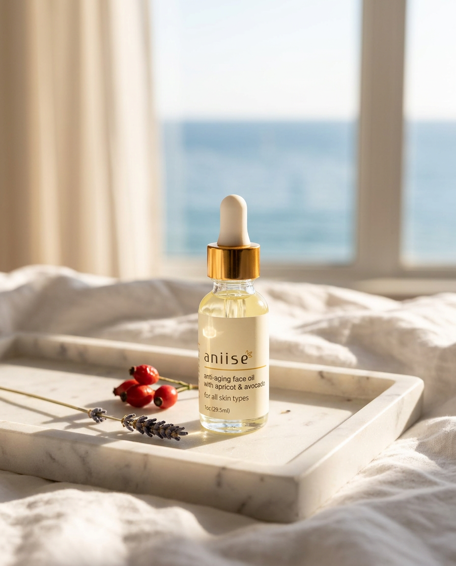 aniise Anti-Aging Face Oil on a white marble tray with rosehips and lavender, the ocean beyond