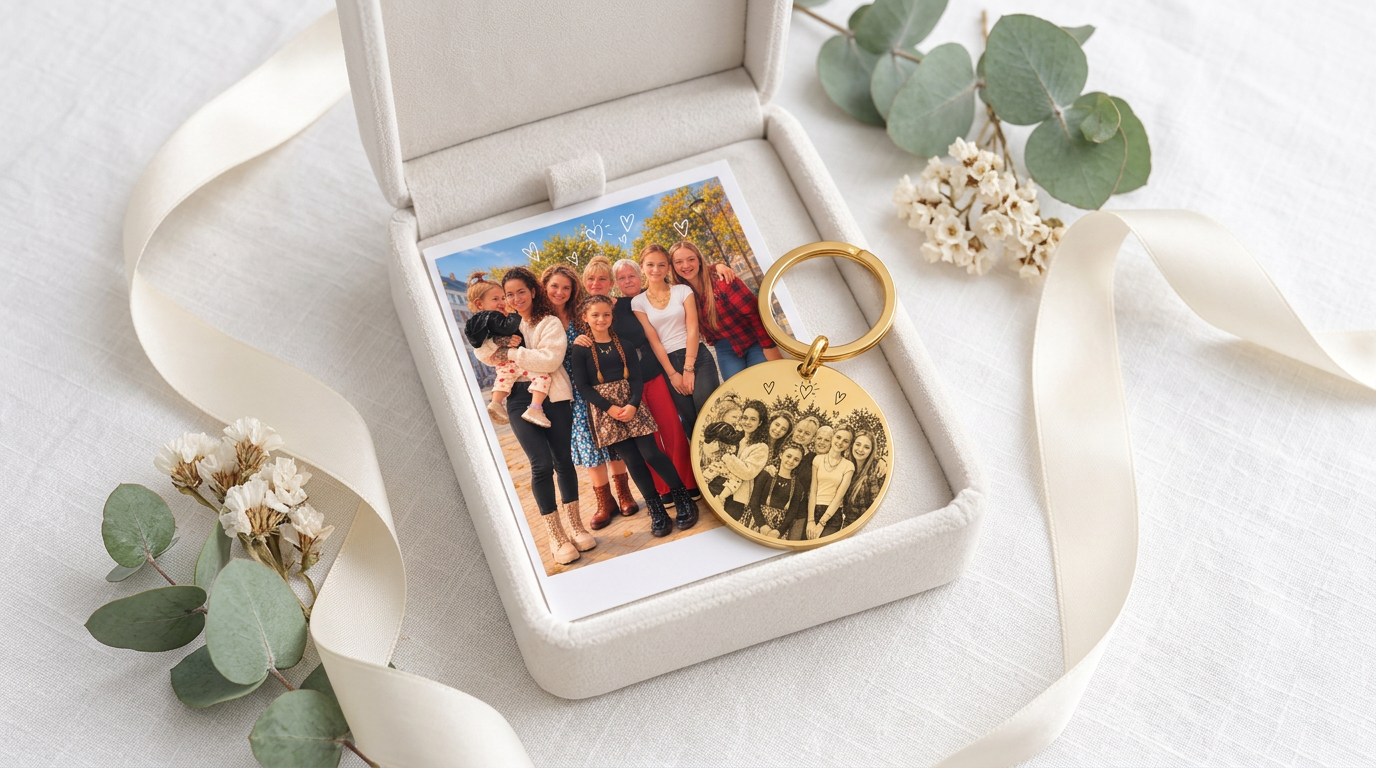 Memory Box met foto en gegraveerd gouden sieraad op wit linnen