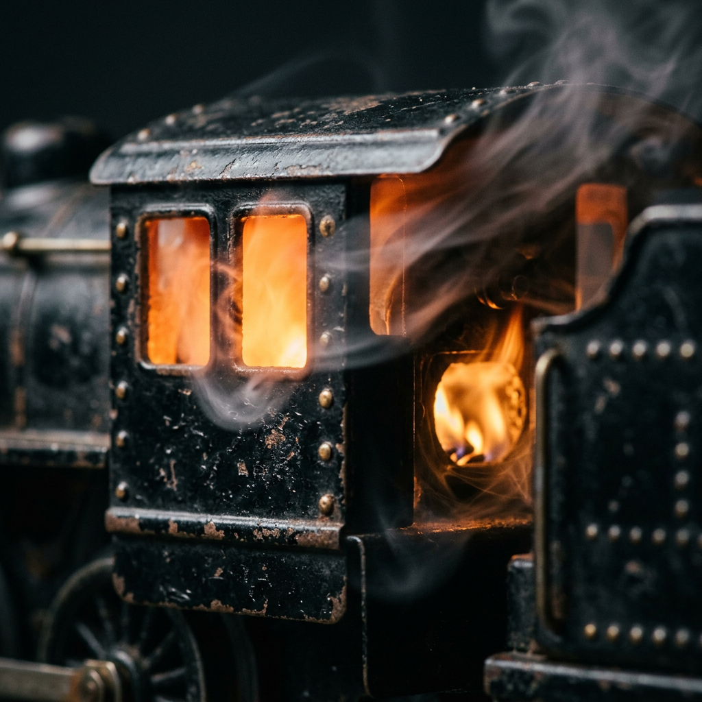 Close-up of the glowing orange cabin windows and amber boiler light on the Locomotive humidifier