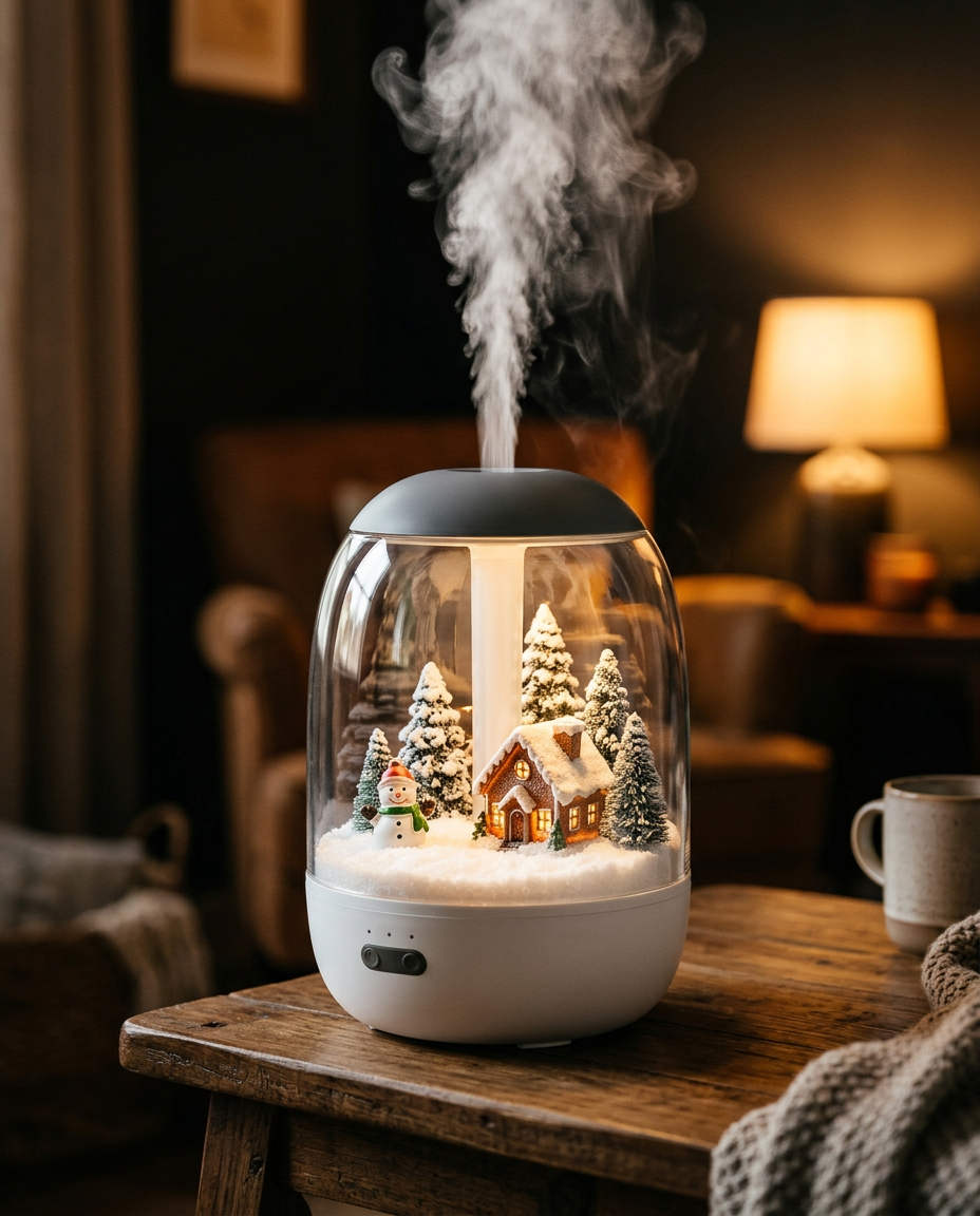 Snow globe humidifier with a miniature winter village, warm inner light and mist rising like chimney smoke