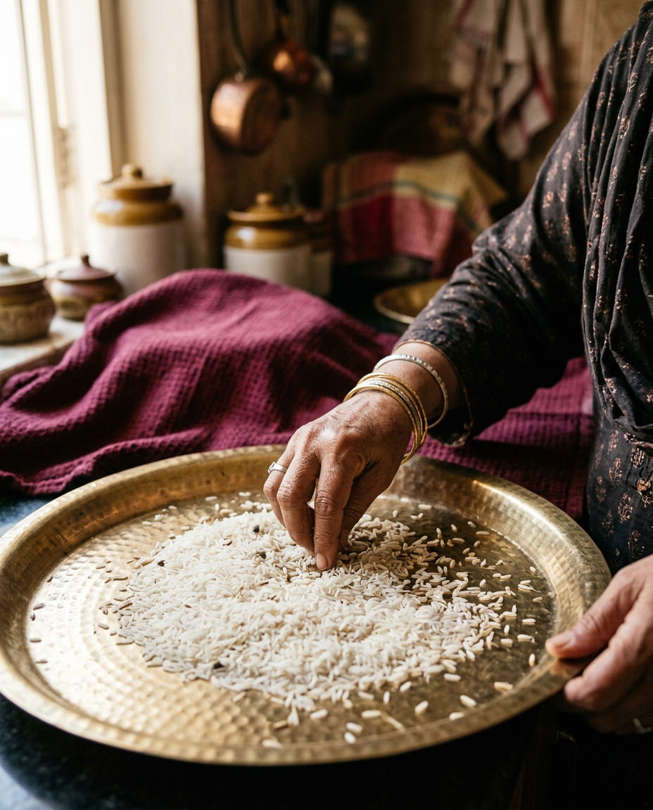 Hands sorting grains on a brass plate