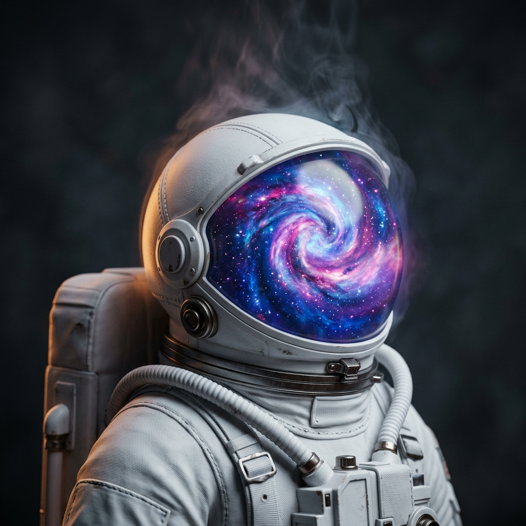 Close-up of the Astronaut humidifier's visor glowing with a purple and blue galaxy