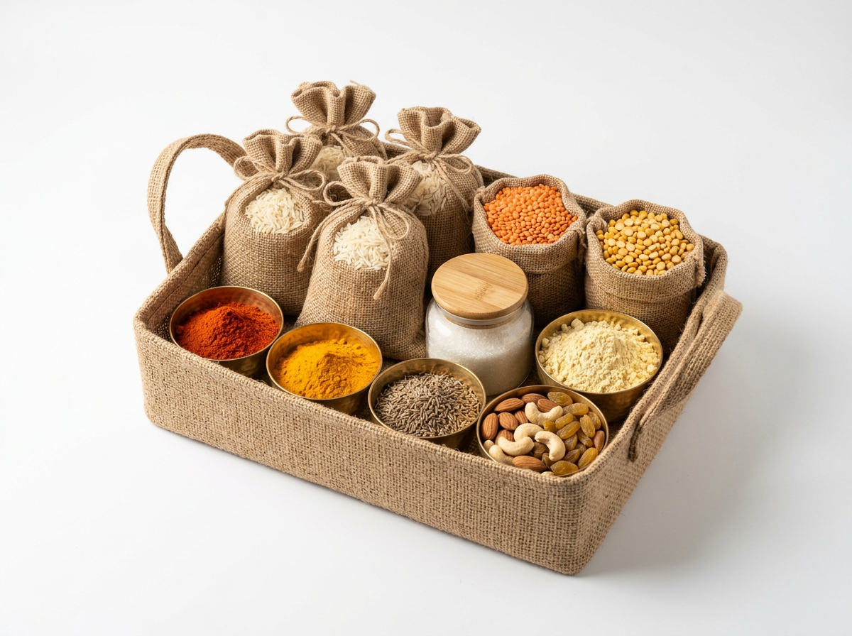 Jute hamper filled with basmati rice, daals, spices, sugar, besan and dry fruits