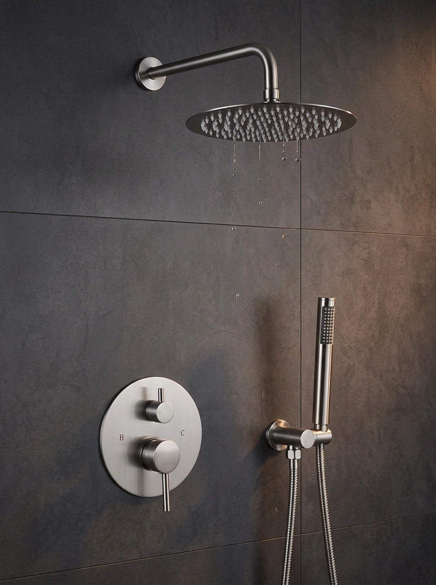 Stainless rain shower system in a charcoal-tiled walk-in shower