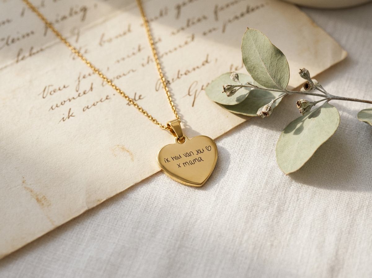 Gouden hartketting met gegraveerd handschrift op een handgeschreven brief